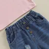 Conjuntos de ropa Moda Kid Girl Set Manga voladora Cuello redondo Sudadera larga y pantalones vaqueros rasgados Trajes Trajes de 2 piezas