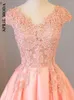 Casual Dresses 2023 Gorgeous Pink Long Lace Appliques Solid Evening V Neck Short Sleeve Pleated Summer Prom Gown Ceremony Party Dress