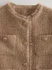 女性の毛皮のフェイクエレガントな女性キャメルOネックポケットツイードジャケット長袖ボタン擦り切れたトリミング2023秋の女性ファッションショートコート231120