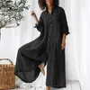 Jumpsuits voor dames rompers lente knop revers shirts lange mouw jumpsuit dames retro solide los katoen playsuit zomer hoge taille wijd been broek algehele 230422