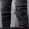 Jeans pour hommes Street Fashion Hommes Rétro Noir Gris Élastique Stretch Skinny Fit Ripped Perles Patch Designer Hip Hop Marque Pantalon