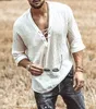 Mens Tshirts Fashion Hippie Linen Shirt Casual Middle Sleeve V Neck Summer Beach Loose Tee Tops Solid Color T Shirts 230422