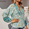 Kvinnors blusar skjortor Zanzea Bohemian Floral Print Blue Women Spring Casual Long Sleeve V Neck Tunic Tops Elegant Holiday Party Chemise Blusa 231121