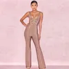 Kvinnors jumpsuits Rompers Summer Women Bandage Jumpsuits Romper V Neck Sexig Backless Black Khaki Red Strap Long Celebrity Party Evening Elegant 230422