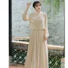 Vestidos casuais hanfu mulheres estilo chinês longo qipao traje antigo cheongsam vestido tops e colete duas peças conjunto roupas diárias