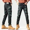 Men's Jeans Speckled Embroidered Horse High Elastic Loose Hole 3D Worn Zipper Bleached Slim Fit Straight Leg Pants Flaps Winter2
