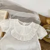 Rompers Summer Baby Girl Clothes 024Months born Short Sleeve Solid White Lace Flower Cotton Romper Bodysuit Hat 2PCS Sunsuit 230421