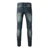 Jeans voor heren Diepblauw Hoge kwaliteit Street Fashion Verontruste stretch Slim fit Beschadigde gaten Leer Ribbenpatches Mager gescheurd