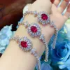 Flower Ruby Diament Zestaw biżuterii 925 Srebrny Biejou Wedding Kolczyki Bransoletka Naszyjnik dla kobiet biżuteria dla kobiet