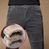 Men's Pants Male Winter Fleece Warm Corduroy Men Business Fashion Slim Fit Stretch Thicken Gray Green Fluff Casual Trousers