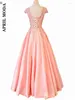 Casual Dresses 2023 Gorgeous Pink Long Lace Appliques Solid Evening V Neck Short Sleeve Pleated Summer Prom Gown Ceremony Party Dress