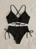 Womens Swimwear Sexy Bikini Women Swimsuit Black Lace Up Ribbed High Waist Bikinis Set Summer Beach Bathing Suit for Female xl