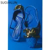 Sandalias primavera nueva marca mujer sandalia moda hebilla poco profunda señoras elegantes mulas azules tacón plano vestido femenino diapositivas zapato 230316