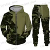 Tute da uomo Moda Camouflage Stampa Cerniera da uomo Felpa con cappuccio/Pantaloni/Tuta da esterno Abbigliamento sportivo militare Tuta Set Casual Caccia Abbigliamento da campeggio T231122