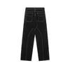 Calças de brim masculinas americanas high street linha brilhante slim fit calça bainha dividida zíper perna reta micro flare calças versáteis para homens