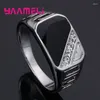 Bagues de cluster Classique Mâle Mens Large Bande Bague Unique 925 Sterling Argent Blanc Noir Strass Carré Déclaration Hip Hop Bijoux