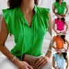 Women's Blouses Stylish Solid Color Lightweight Soft Texture Ruffle Sleeve Trim Drawstring Summer Blouse Shrink Resistant