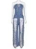 Kvinnors Jumpsuits Rompers Sibybo Tassel Hollow Overs för Women Studded Diamond Strapless Backless Jeans Street Fashion Trend Jumpsuite Femme 231121