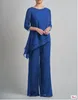 Calças de duas peças femininas Mãe do noivo Mãe do noivo Blue Elegant Pantsuits 2 Peças Vestido convidado da noite para a noite para a noiva