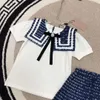 23ss skirt set kids designer clothes kid sets girls Pure cotton Navy lapel logo printing Short sleeve T-shirt Pleated chiffon skirt suit High quality baby clothes