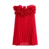 캐주얼 드레스 여자 우아한 빨간 슬림 끈이없는 미니 드레스 2023 여름 여성 패션 주름 파티 짧은 하이 허리 주름