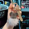 Keychains Luxury Handmade Craft Bear Keychain Mink Hair Anti-lost Number Plate Rhinestones Key Chain Lady Charm Bag Car Gift