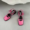 Sandals Vintage Womens Red Summer Square Toe Shoes Buckle Solid Color est Wedding Party High Heels 230421