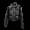 Women's Jackets Stand Neck Leathr Quilted Puffer Jacket Winter Black Brown Green Crop Tops