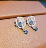 Dingle örhängen geometrisk varumärke med kubik zirkoniumsten ljusblå emaljerad färg S925 silver er stift kvinnor underbara smycken