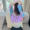 T-shirts pour femmes Tie Dye Mesh Top Chemise à manches longues Femmes Esthétique Summer Sky Print Tshirt Frill Crop Tee Violet Vintage Mode Coréenne