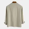 Mäns casual skjortor bomullslinne Lossa långärmad dragkörning V Neck Pullover Tops för män bindning Designtröja Retro Mens