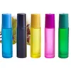 Botellas de perfume de aceite esencial líquido de vidrio arcoíris de 10 ml, botella enrollable esmerilada con bolas de acero inoxidable, 3 tipos de tapas para elegir Vfgxw