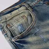 Men's Jeans Street Fashion Men Retro Washed Blue Stretch Skinny Fit Ripped Pink Leather Patched Designer Hip Hop Brand Pants