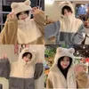 Women's Trench Coats Cute Contrast Bear Ears Hooded Lamb Wool Cotton-Padded Jacket Female Y2K Winter Design Sense Niche Padded