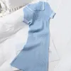 Women's casual dresses turn down collar color block short sleve bodycon tunic knitted short dress sexy vestidos