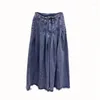 Юбки с высокой талией плиссированная джинсовая юбка Женщина Винтаж линий длинная джинсы для женщин