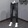 Jeans pour hommes Street Fashion Hommes Rétro Noir Gris Élastique Stretch Skinny Fit Ripped Perles Patch Designer Hip Hop Marque Pantalon