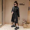 Flickklänningar Teenage Girls England Style Dress with Zipper Fashion Design Spring Autumn Long Sleeve Black Khaki Costume 5 7 8 9 11 13