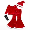 Conjuntos de roupas Girlymax 4 pcs meninas roupas de Natal conjunto crianças manga longa veludo top flare pant chapéu natal santa terno 231122