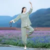 Active Sets Chinese Style Women Tracksuit Yoga Tai Chi Martial Arts Suit Cotton Linne Loose Shirt Pant Meditation Kungfu Casual Athletic Set