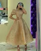 Glitter Champage Gold Sequined Prom Dresses Puff Short Sleeves Square Neck Ankle Length A Line Formal Evening Gowns Sparkly Brithday Party Special Occasion Dress