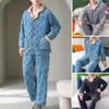 Homens sleepwear 2 pçs/set homens inverno loungewear grosso pelúcia quente aconchegante lapela casaco elástico bolsos coral velo calças conjunto pijama homewear