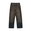 Men's Jeans American Waste Dirt Color Spray Paint Do Old Dirty Slacks Fashion Straight Tube Wide Leg Floor Pants