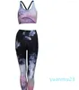 Tenues de yoga Femmes Creux Impression Gilet Leggings Ensemble Élastique Fitness Sport Débardeur Pantalon Dames Costume De Course Vêtements Féminins