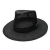 Bérets Lucky ylianji été femmes hommes unisexe soleil plage polyester Fedora Panama chapeau large bord casquette maille cuir ceinture bande (58 cm)