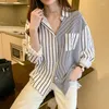 Women's Blouses Color-blocking Vertical Stripe 2023 Korean Loose Casual Lapel Long-sleeved Shirt Woman Blouse Women