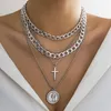 Pendant Necklaces Vintage Cross Portrait Carved Necklace Women 2023 Multi Layered Metal Beads Hip Hop Thick Chain Girls Fashion Jewelry