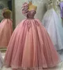 April Aso Ebi Pink Lace Quinceanera Dresses Pearls Sheer Neck Ball Gown Tulle Prom Evening Party Pageant Birthday Gowns Dress Zj0239 407