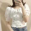 Blusas femininas camisas doces para mulher com decote em v manga puff bordado floral verão colheita topos moda blusa coreana 2023 blusas de mujer