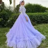 Lavender Hijab Arabic Dubai Prom Dresses 2024 Long Sleeves Ruffles Muslim Evening Party Gown Heavy Pearls Islamic Women